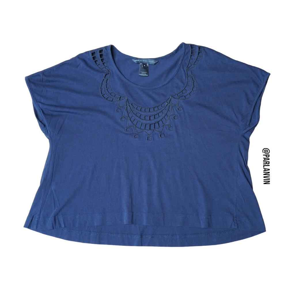 Marc by Marc Jacobs Lace Cutout Oversized Cropped Baby Tee Top Blue Size Medium